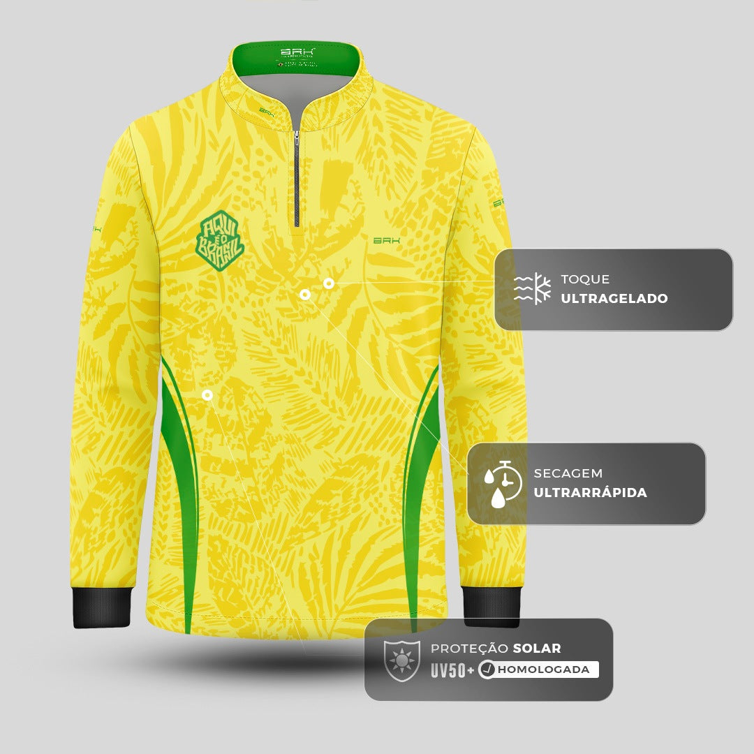 Camisa Brk Infantil Aqui é o Brasil Folhagem Tropical Amarela com Proteção Solar UV50+ - Brk Agro