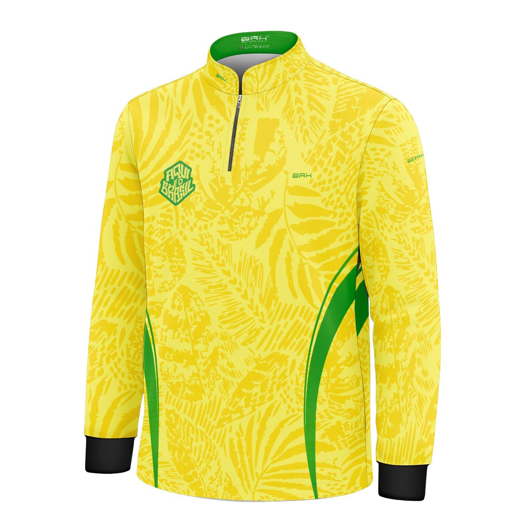 Camisa Brk Infantil Aqui é o Brasil Folhagem Tropical Amarela com Proteção Solar UV50+ - Brk Agro