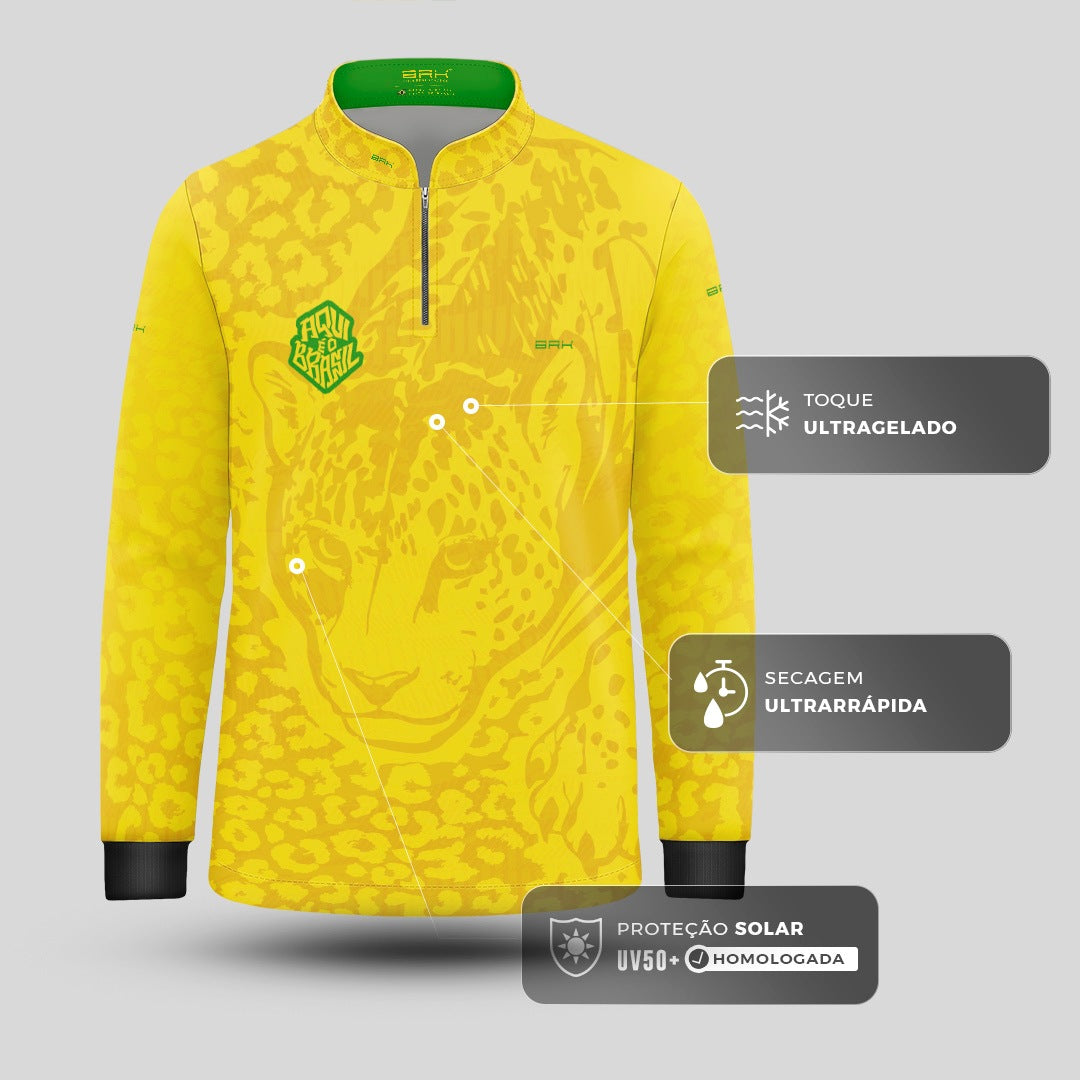 Camisa Brk Infantil Aqui é o Brasil Onça Pintada Amarela com Proteção Solar UV50+ - Brk Agro