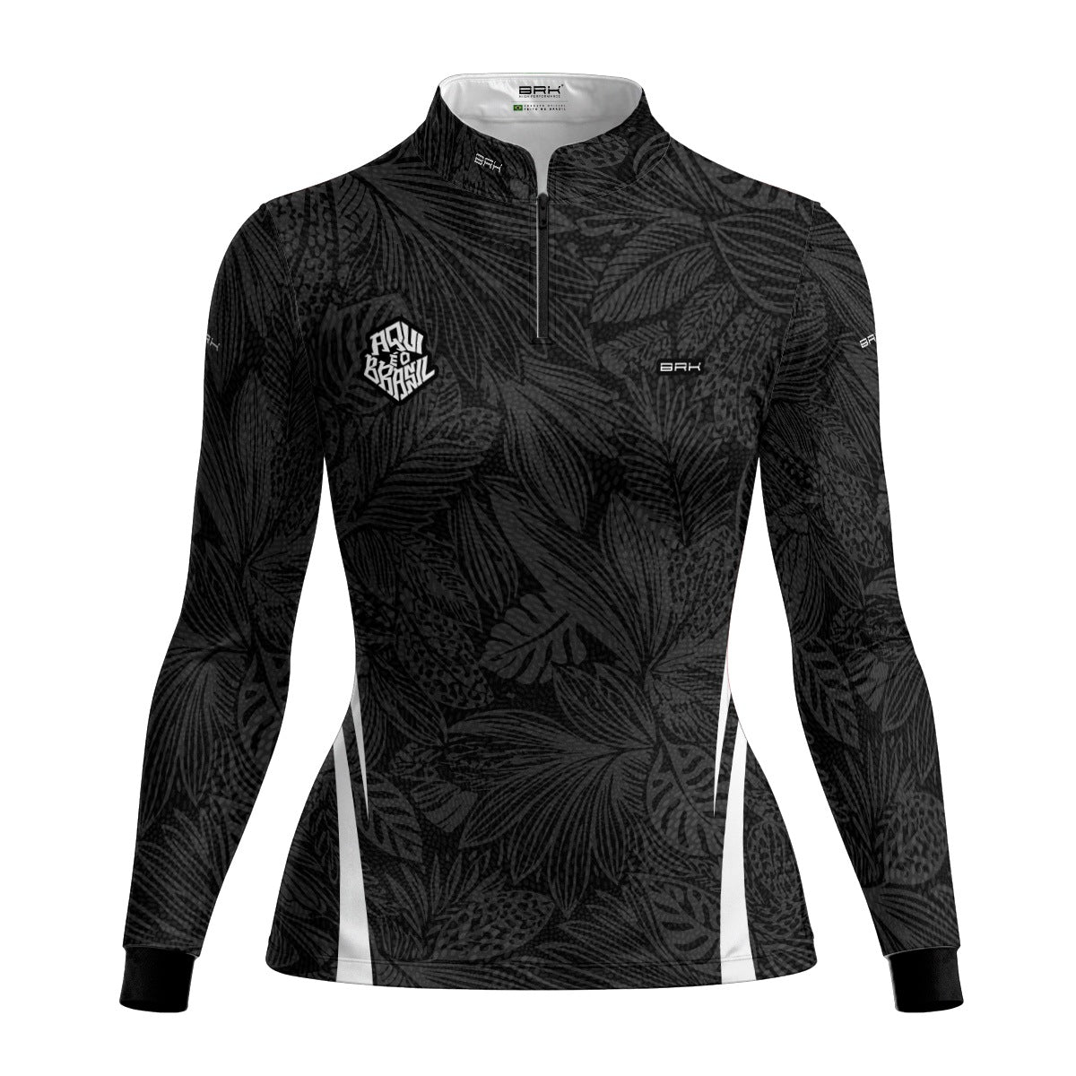 Camisa Brk Feminina Aqui é o Brasil Folhagem Tropical Preta com Proteção Solar UV50+ - Brk Agro