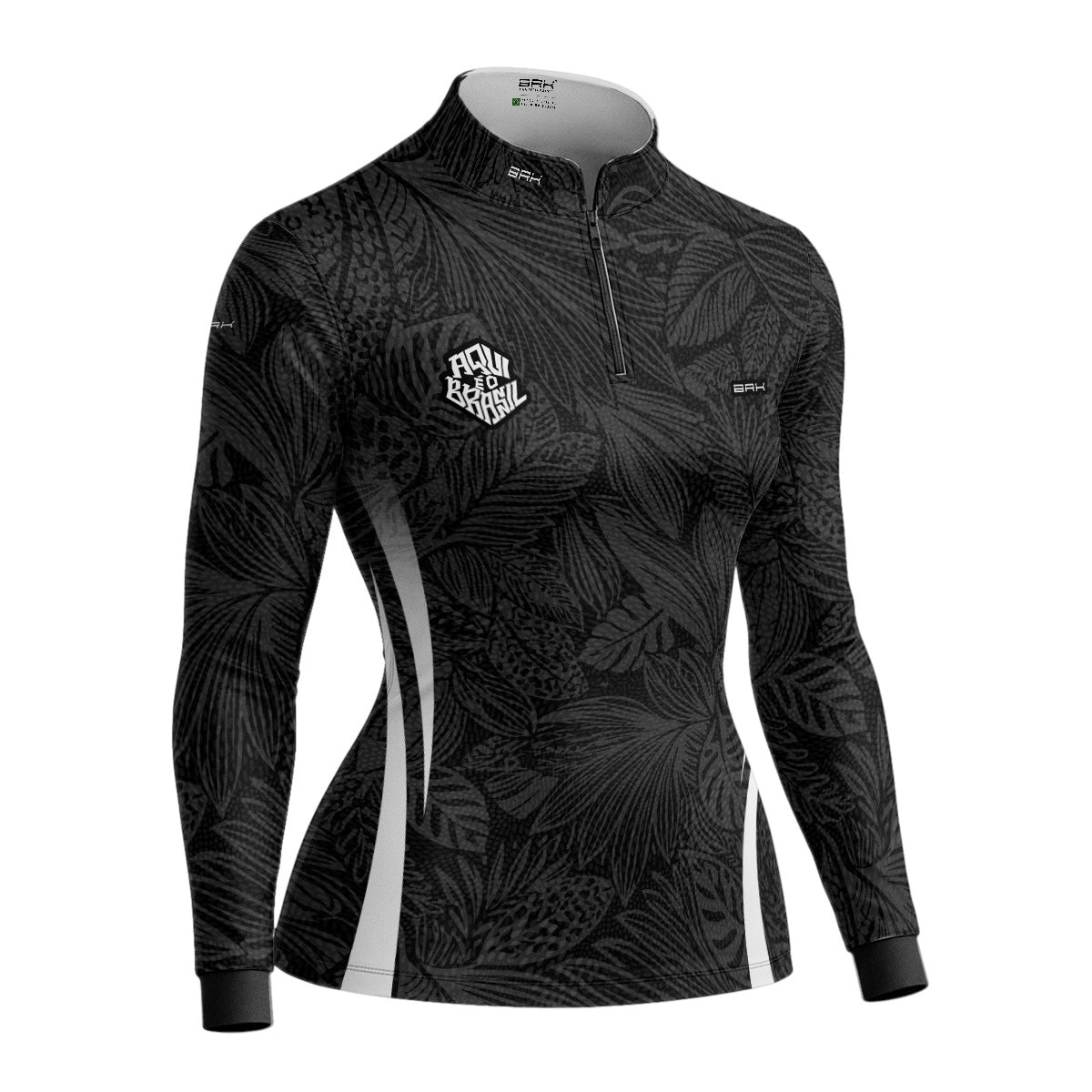 Camisa Brk Feminina Aqui é o Brasil Folhagem Tropical Preta com Proteção Solar UV50+ - Brk Agro