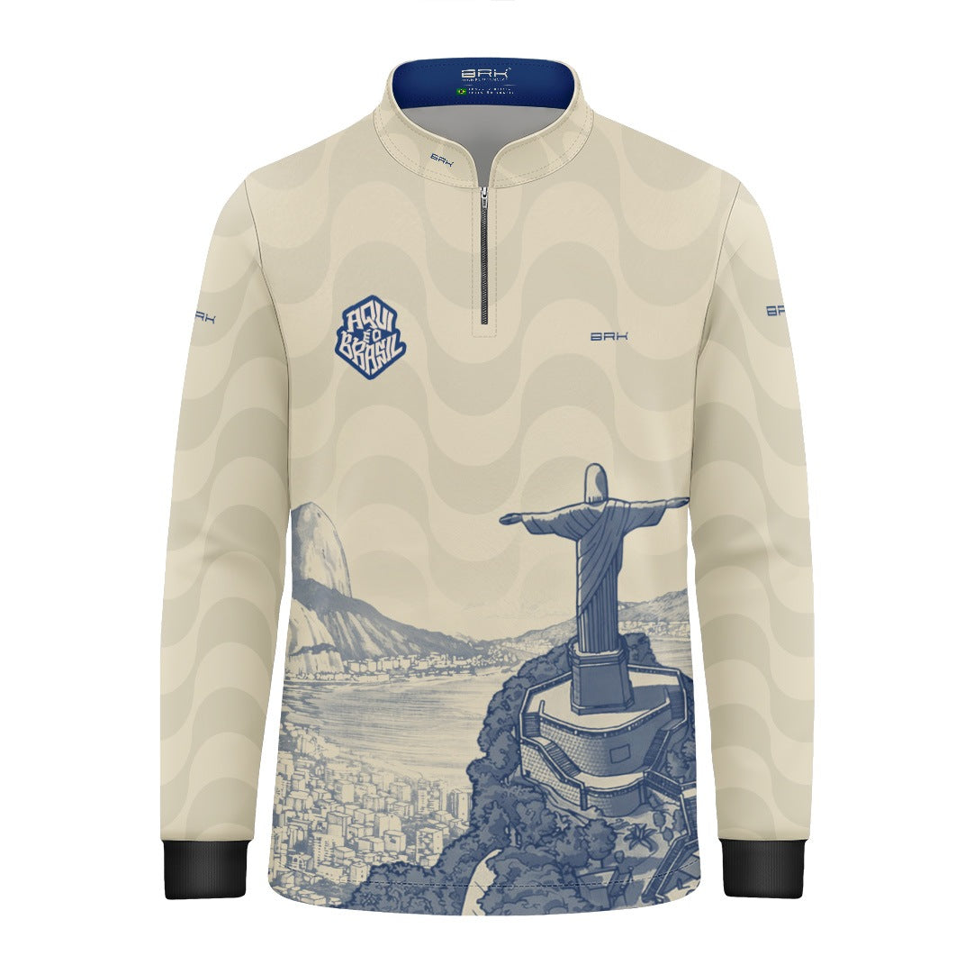 Camisa Brk Infantil Aqui é o Brasil Cristo Redentor Paisagem Bege com Proteção Solar UV50+ - Brk Agro
