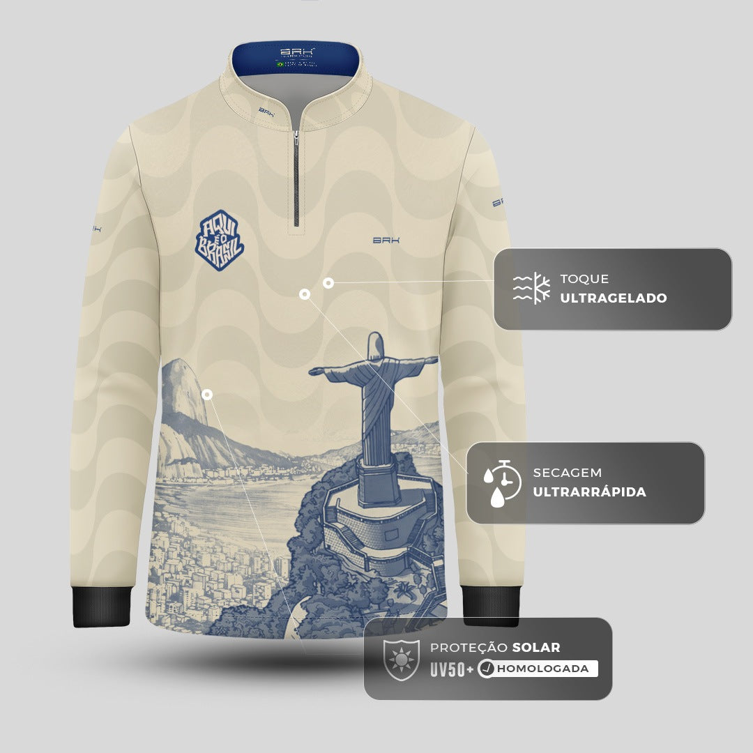 Camisa Brk Infantil Aqui é o Brasil Cristo Redentor Paisagem Bege com Proteção Solar UV50+ - Brk Agro