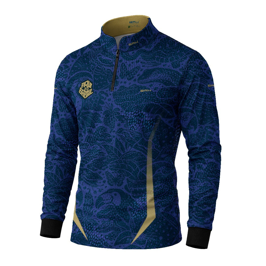 Camisa Brk Aqui é o Brasil Folhagem Sutil Azul Royal com Proteção Solar UV50+ - Brk Agro