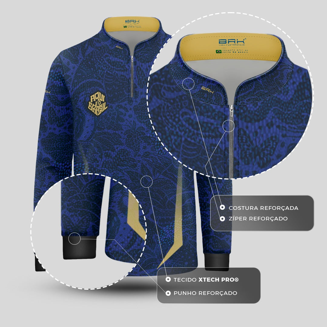 Camisa Brk Infantil Aqui é o Brasil Folhagem Sutil Azul Royal com Proteção Solar UV50+ - Brk Agro
