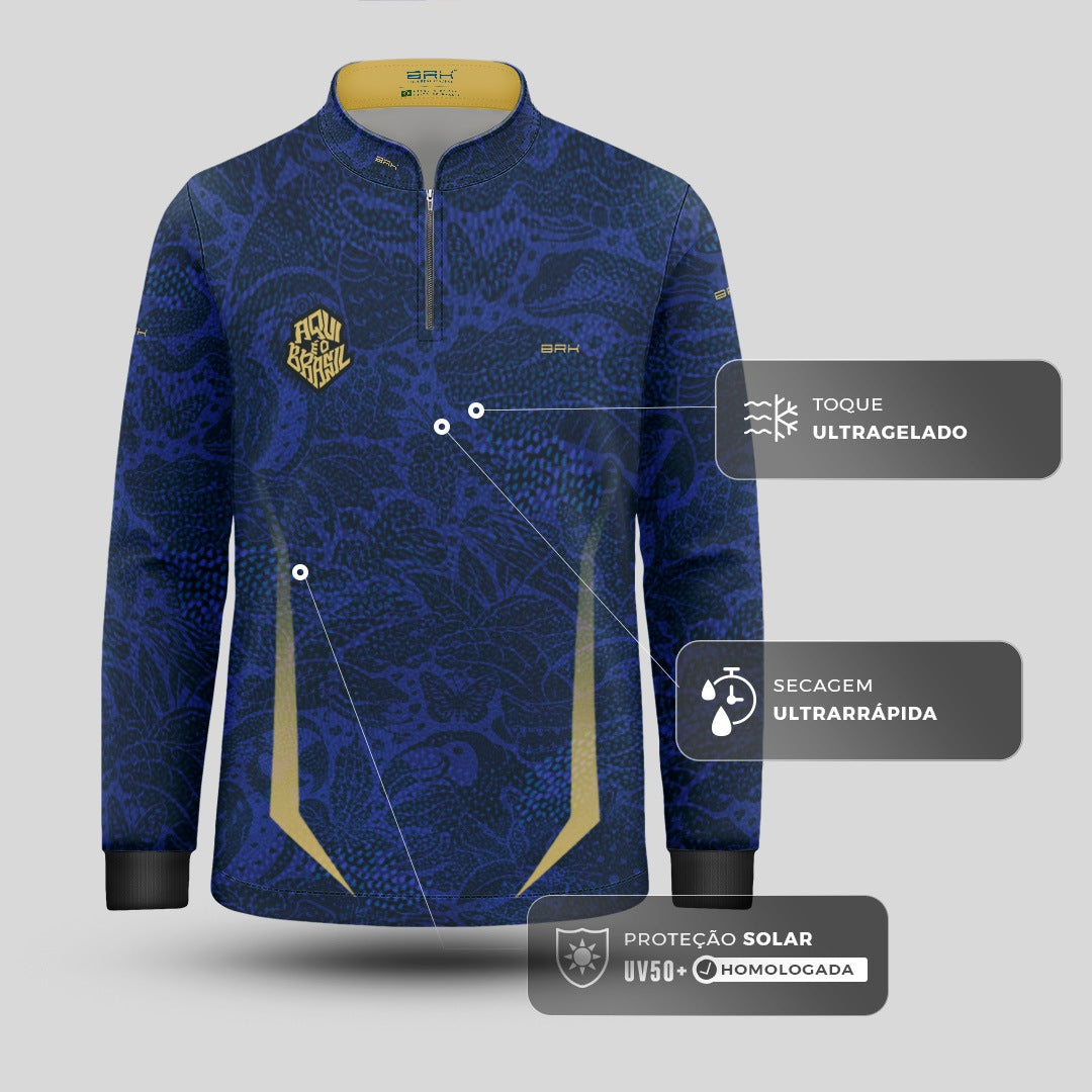 Camisa Brk Infantil Aqui é o Brasil Folhagem Sutil Azul Royal com Proteção Solar UV50+ - Brk Agro
