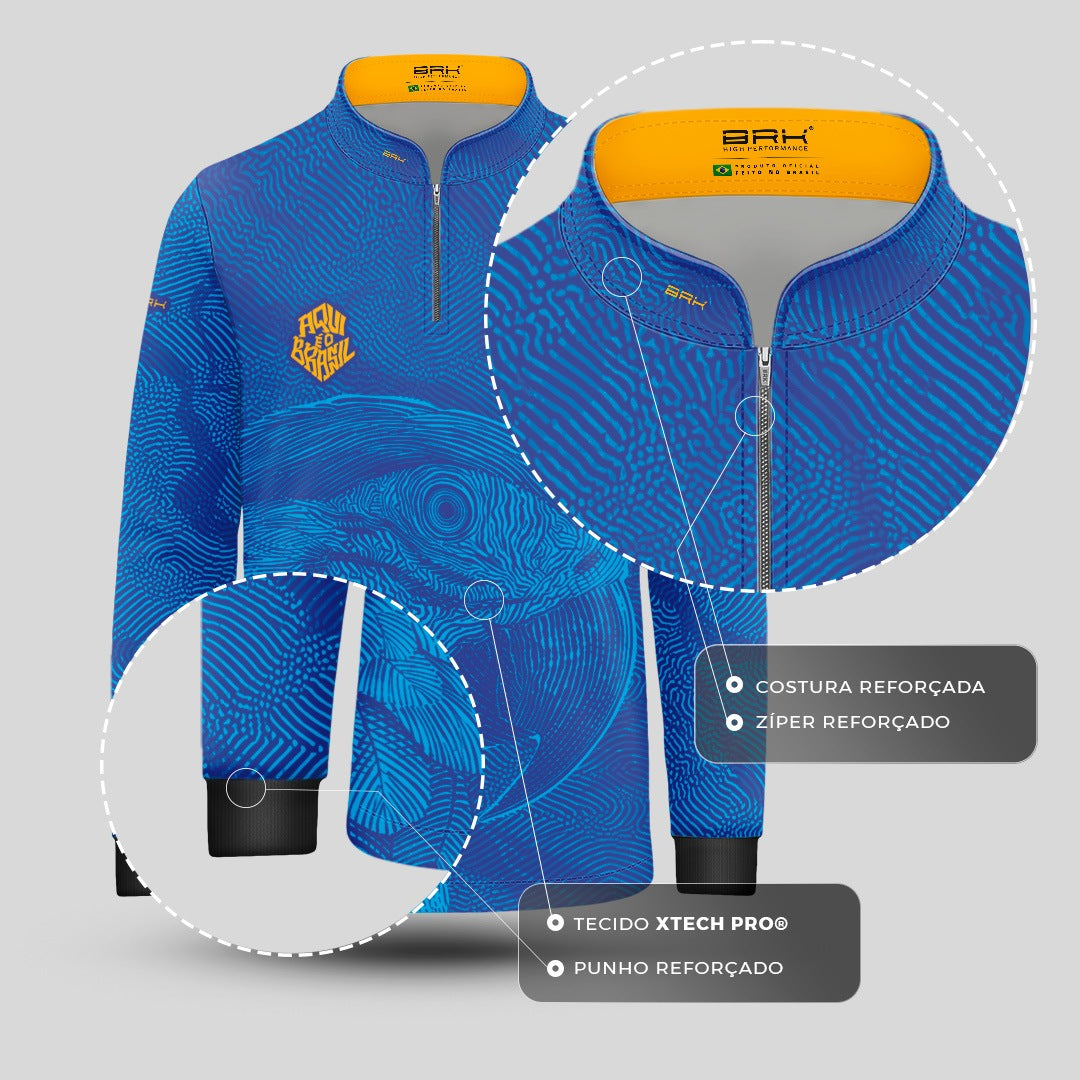 Camisa Brk Infantil Aqui é o Brasil Arara Sombreada Azul Royal com Proteção Solar UV50+ - Brk Agro