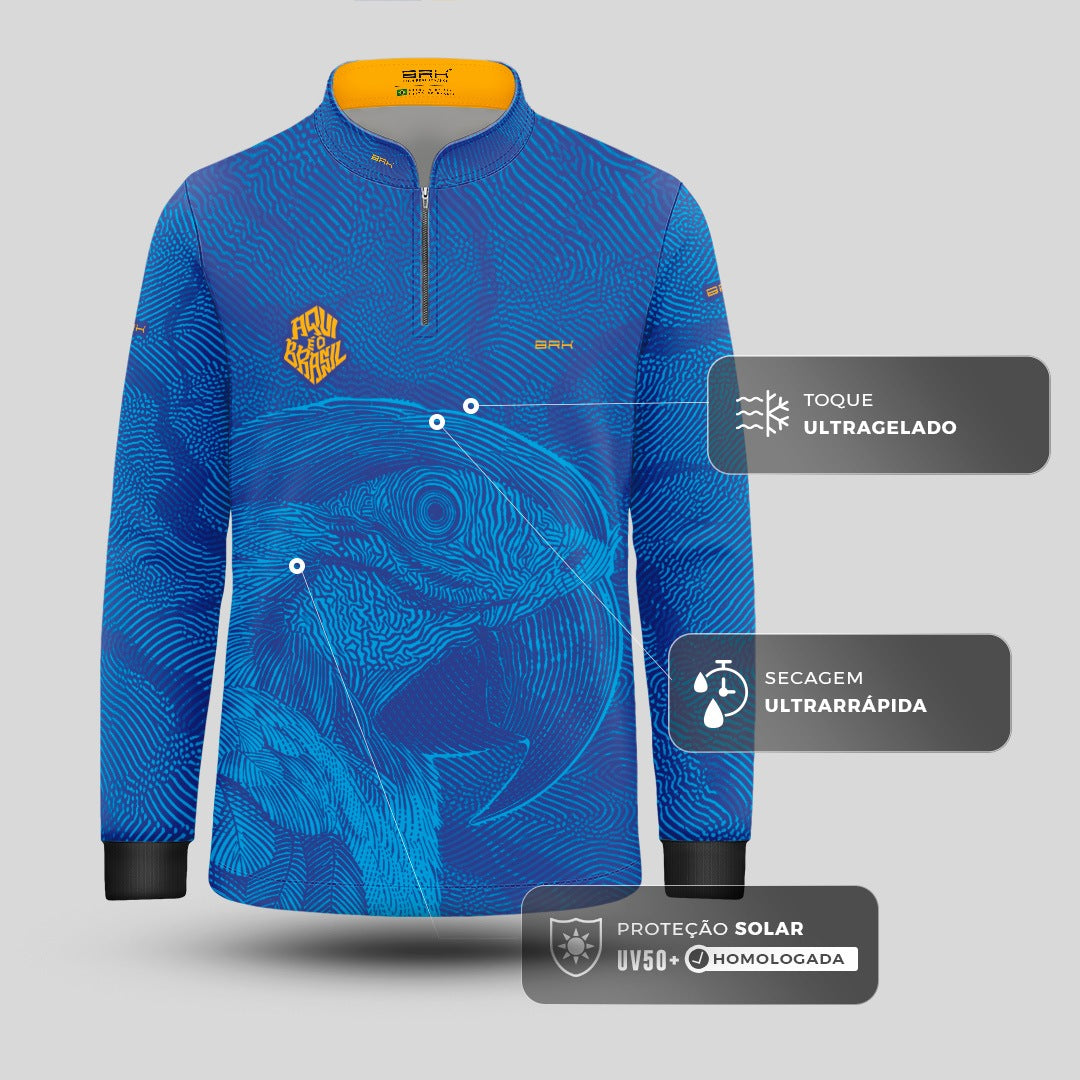 Camisa Brk Infantil Aqui é o Brasil Arara Sombreada Azul Royal com Proteção Solar UV50+ - Brk Agro