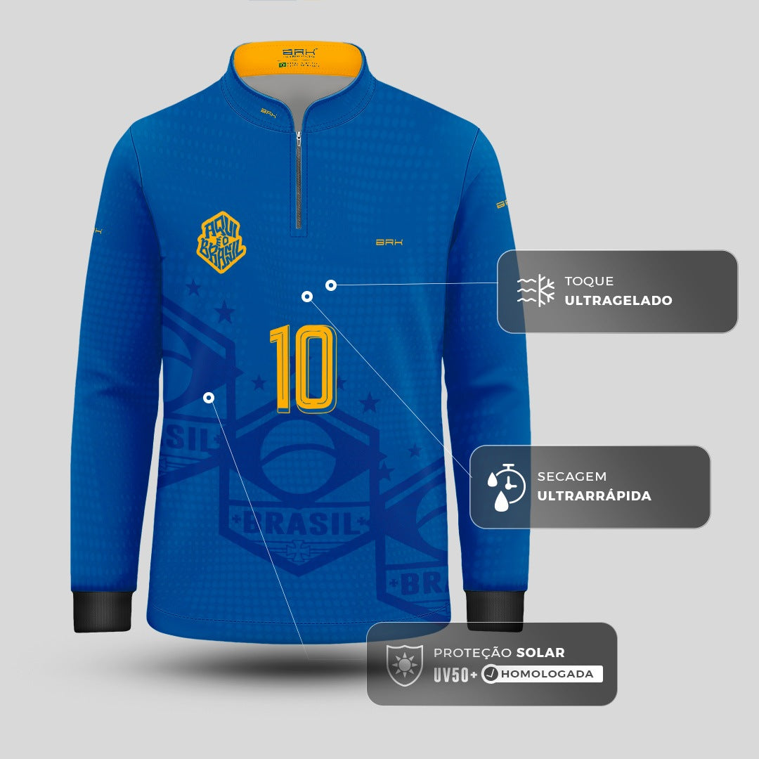 Camisa Brk Infantil Aqui é o Brasil Escudo 10 Azul Royal com Proteção Solar UV50+ - Brk Agro