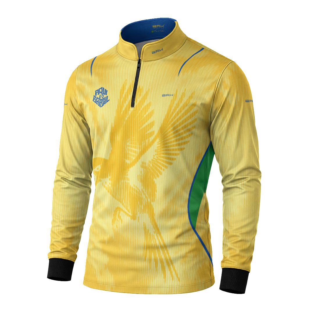 Camisa Brk Aqui é o Brasil Beija-Flor Sombreado Amarela com Proteção Solar UV50+ - Brk Agro
