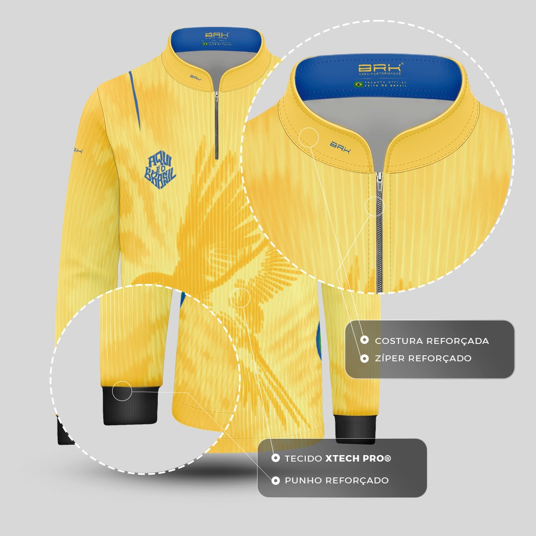 Camisa Brk Infantil Aqui é o Brasil Beija-Flor Sombreado Amarela com Proteção Solar UV50+ - Brk Agro