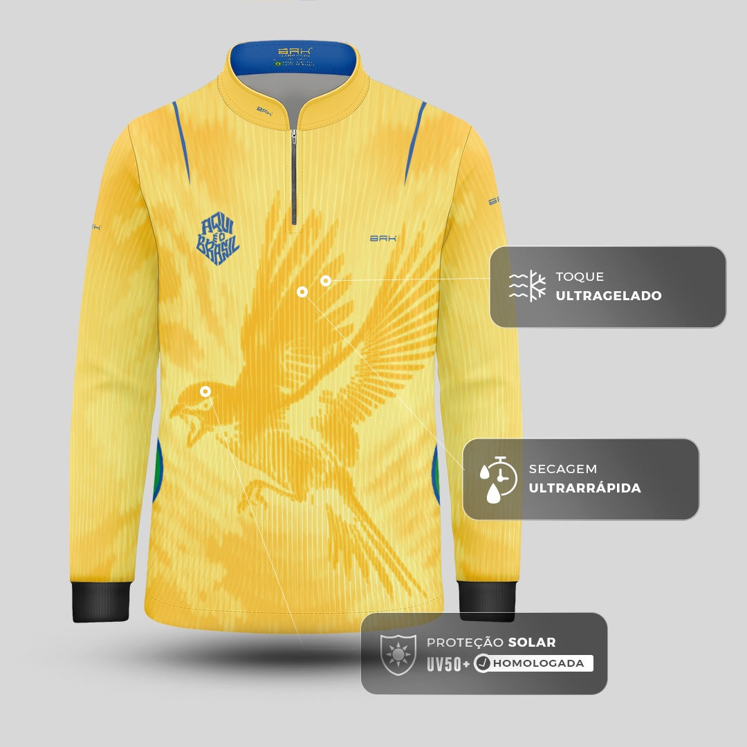 Camisa Brk Infantil Aqui é o Brasil Beija-Flor Sombreado Amarela com Proteção Solar UV50+ - Brk Agro