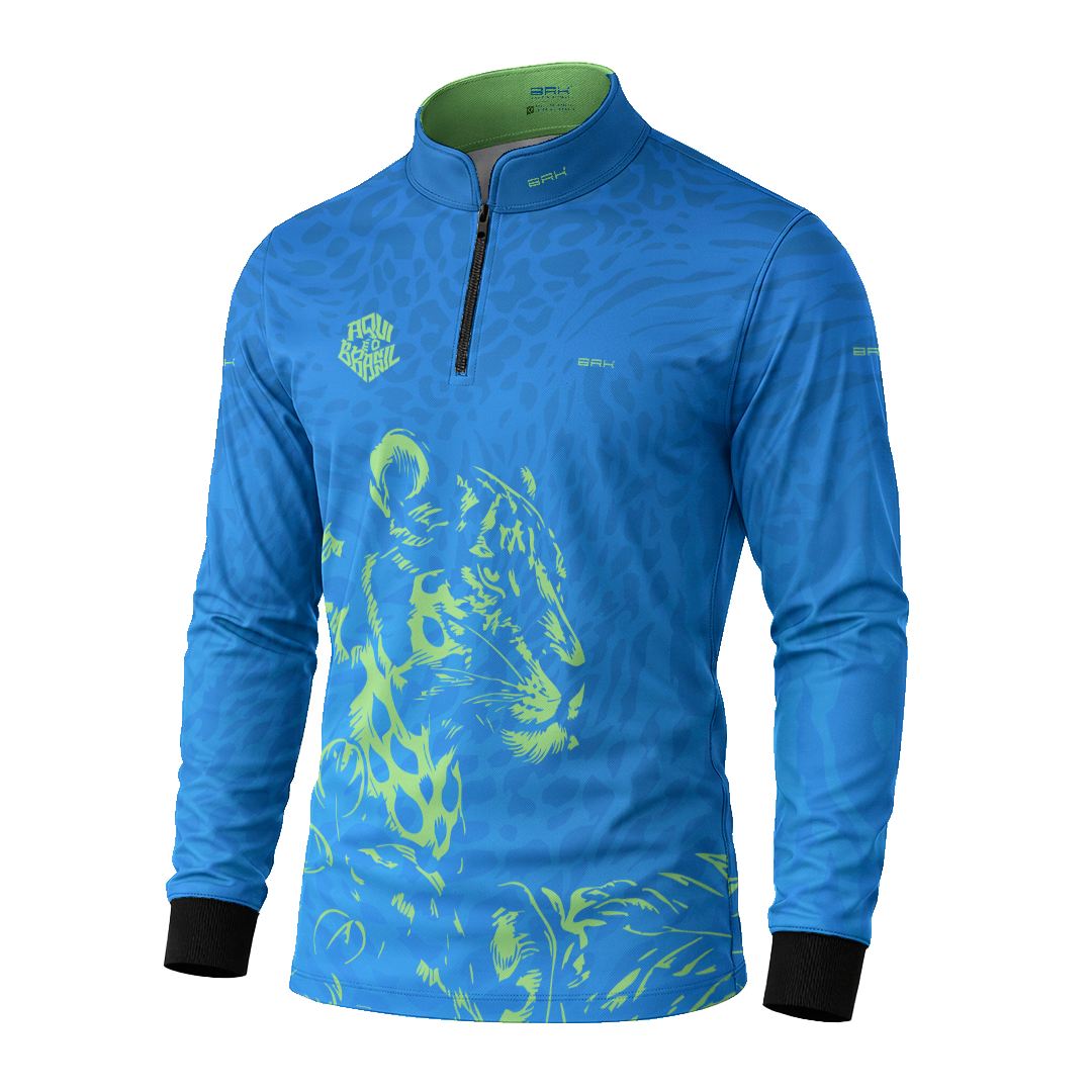 Camisa Brk Aqui é o Brasil Onça Sombreada Azul com Proteção Solar UV50+ - Brk Agro