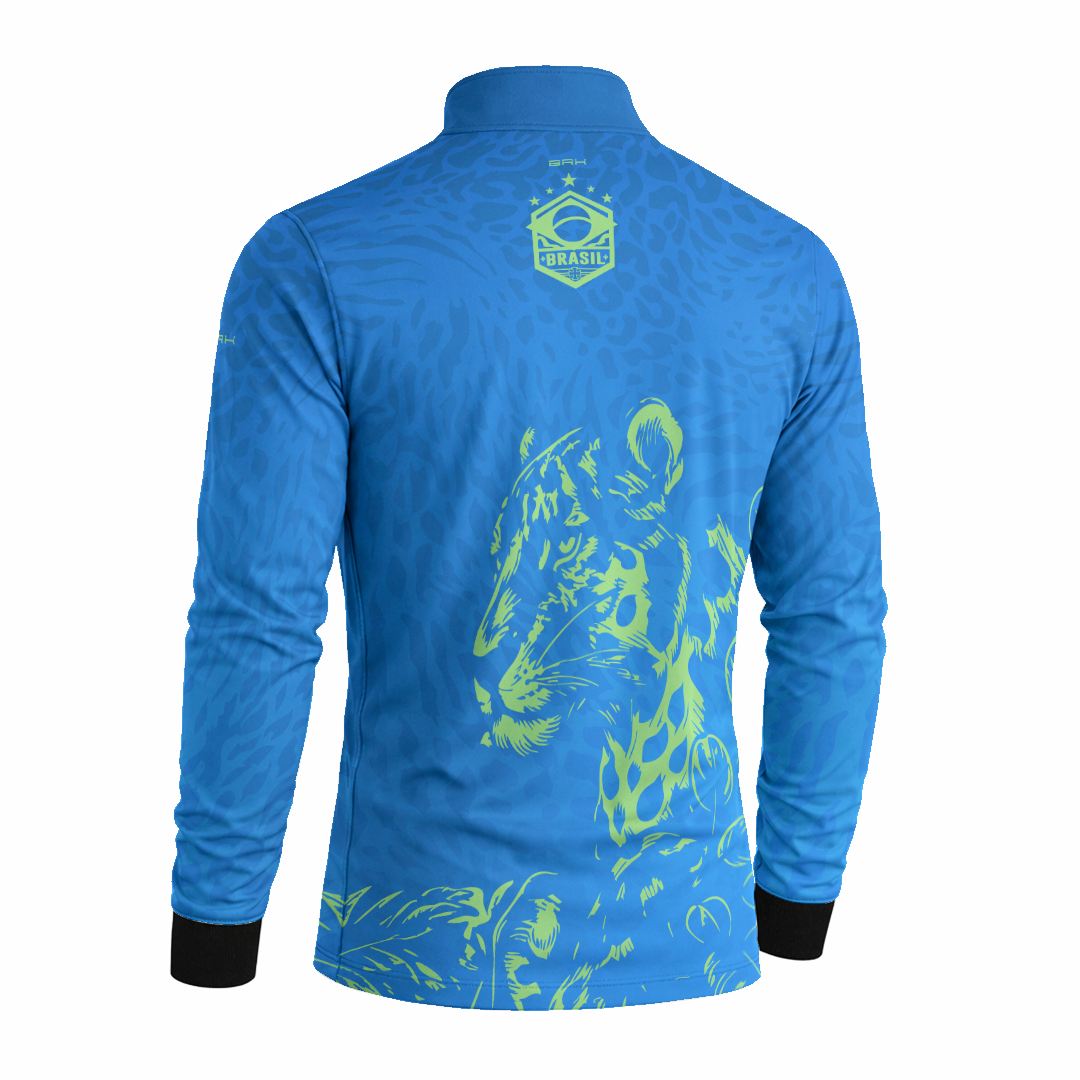 Camisa Brk Aqui é o Brasil Onça Sombreada Azul com Proteção Solar UV50+ - Brk Agro