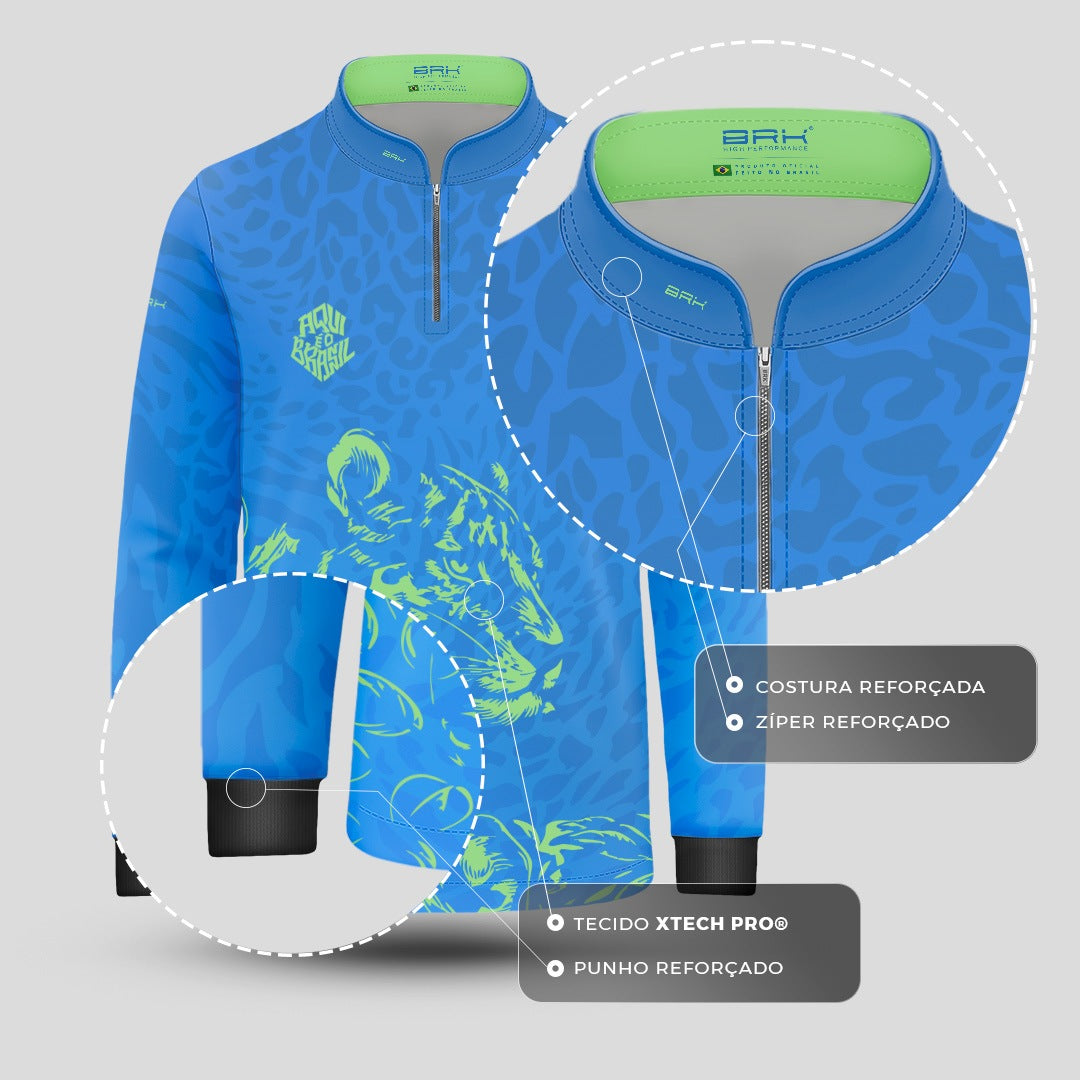 Camisa Brk Infantil Aqui é o Brasil Onça Sombreada Azul com Proteção Solar UV50+ - Brk Agro