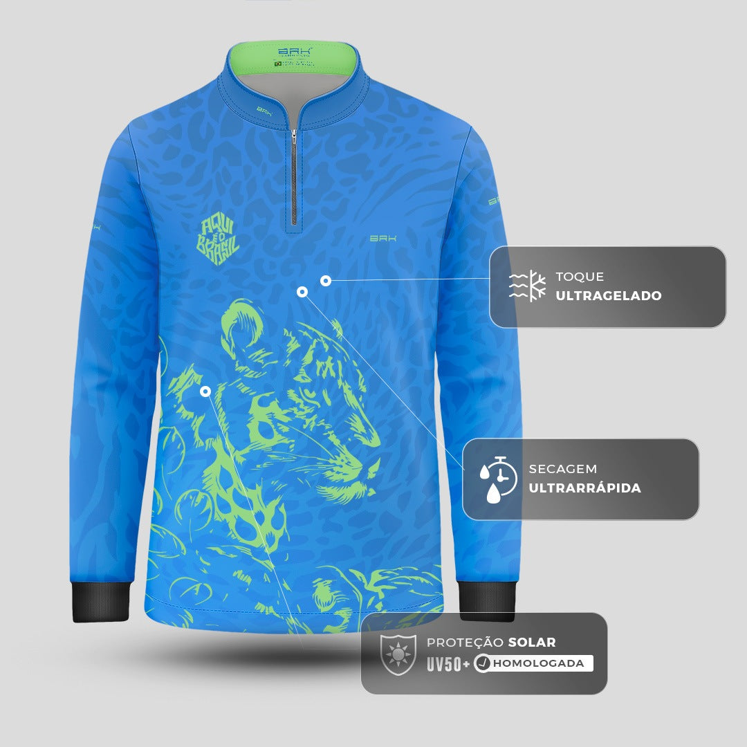 Camisa Brk Infantil Aqui é o Brasil Onça Sombreada Azul com Proteção Solar UV50+ - Brk Agro