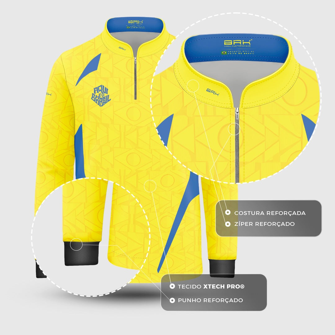 Camisa Brk Infantil Aqui é o Brasil Bandeira Geométrica Amarela com Proteção Solar UV50+ - Brk Agro