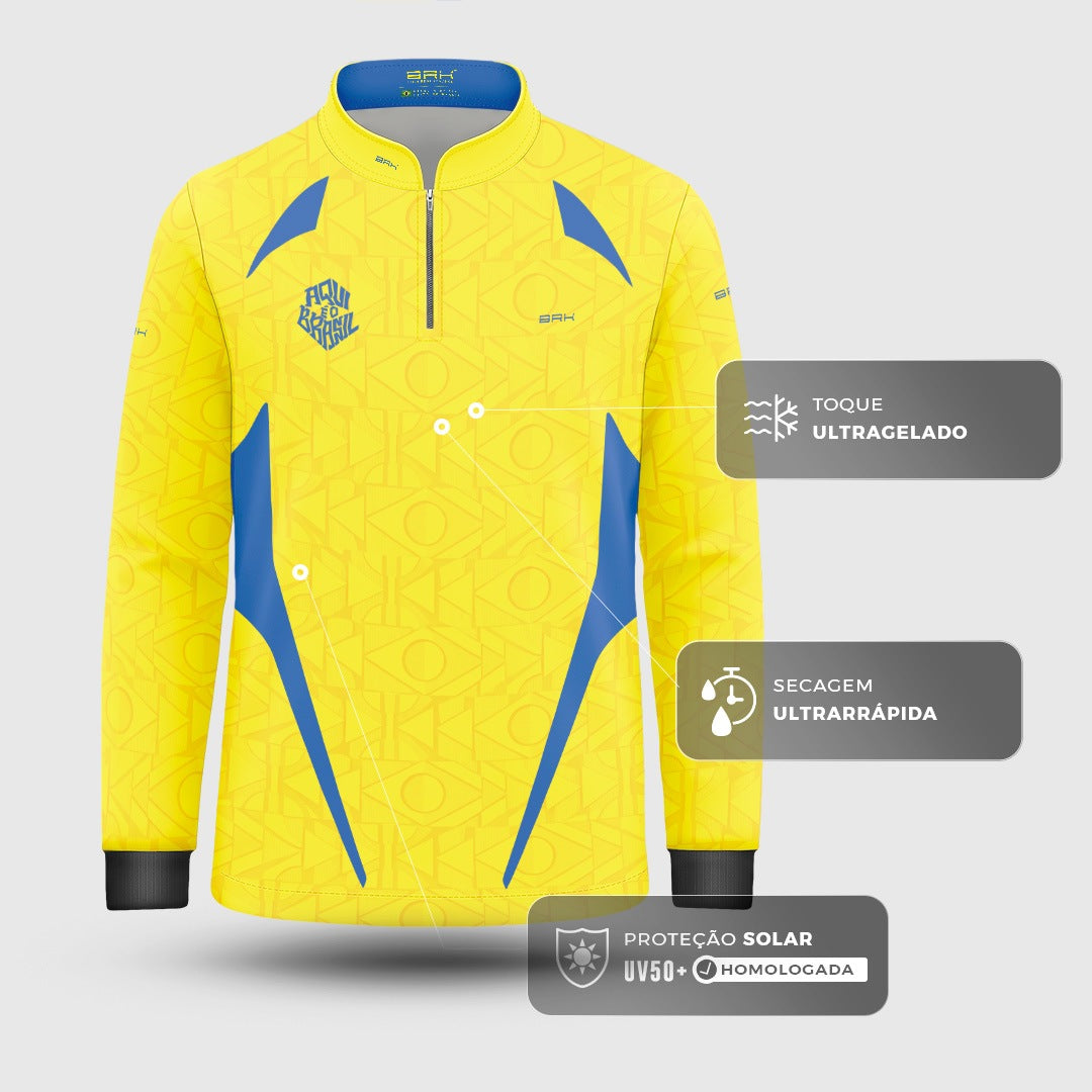 Camisa Brk Infantil Aqui é o Brasil Bandeira Geométrica Amarela com Proteção Solar UV50+ - Brk Agro