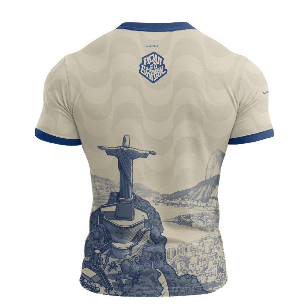 Camisa Casual Brk Aqui é o Brasil Cristo Redentor Paisagem Bege com Proteção Solar UV50+ - Brk Agro