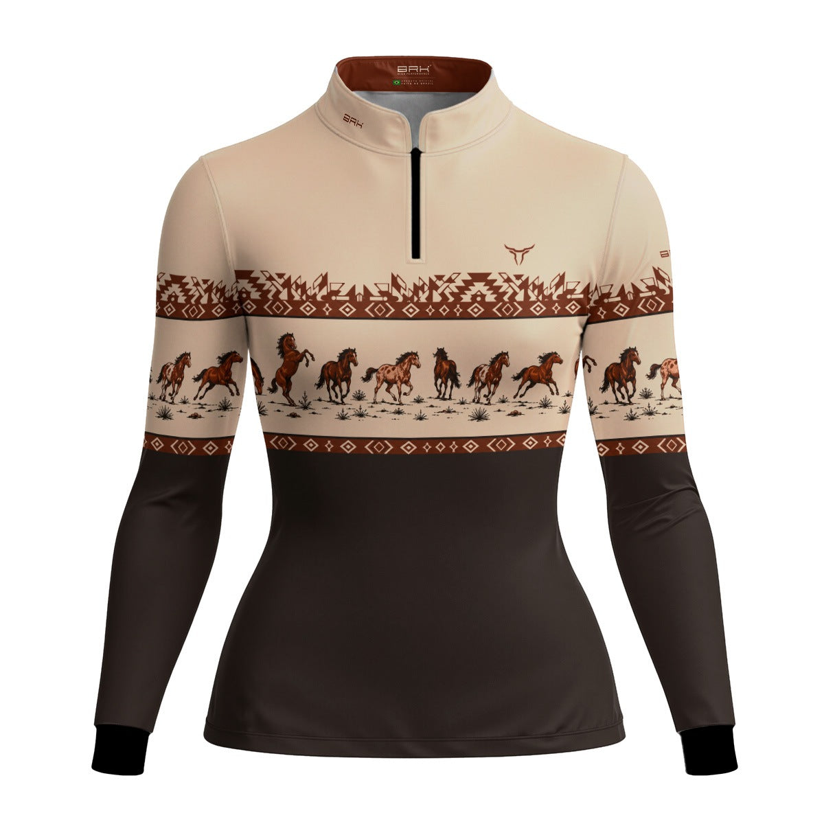 Camisa Brk Agro Feminina Apache Cavalos Marrom com UV50+