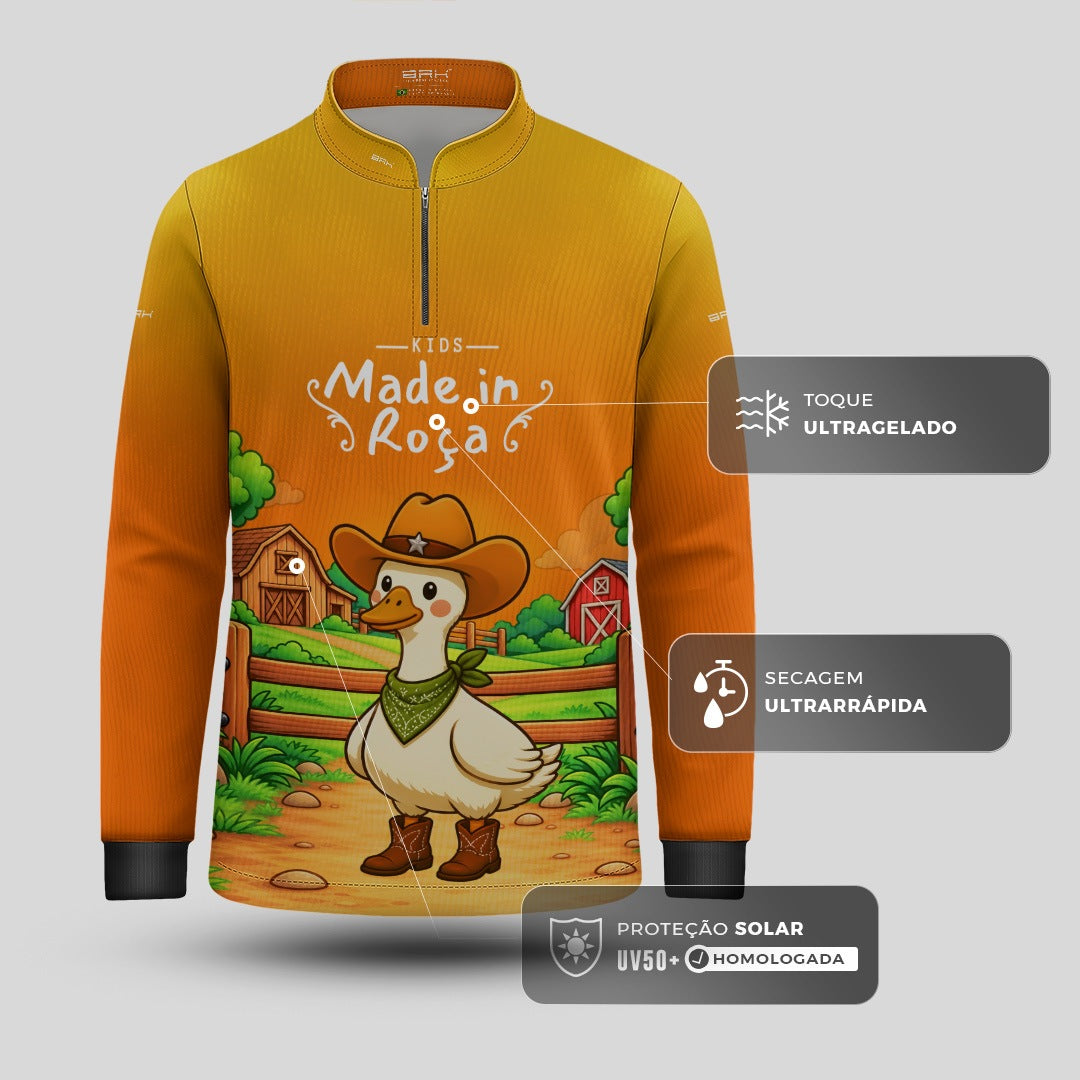 Camisa Infantil Made in Roça Patinho Cowboy Laranja com Proteção UV50