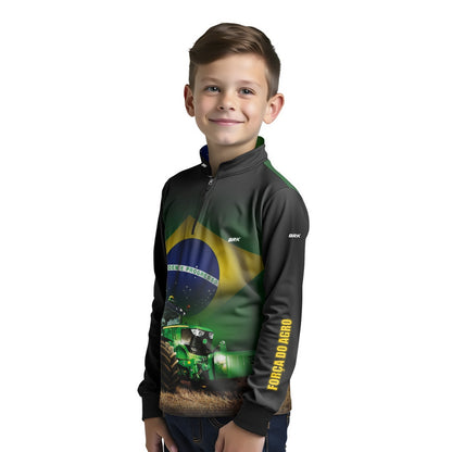 Camisa Infantil Agro Brk Trator Verde Brasil com Proteção Solar UV50+