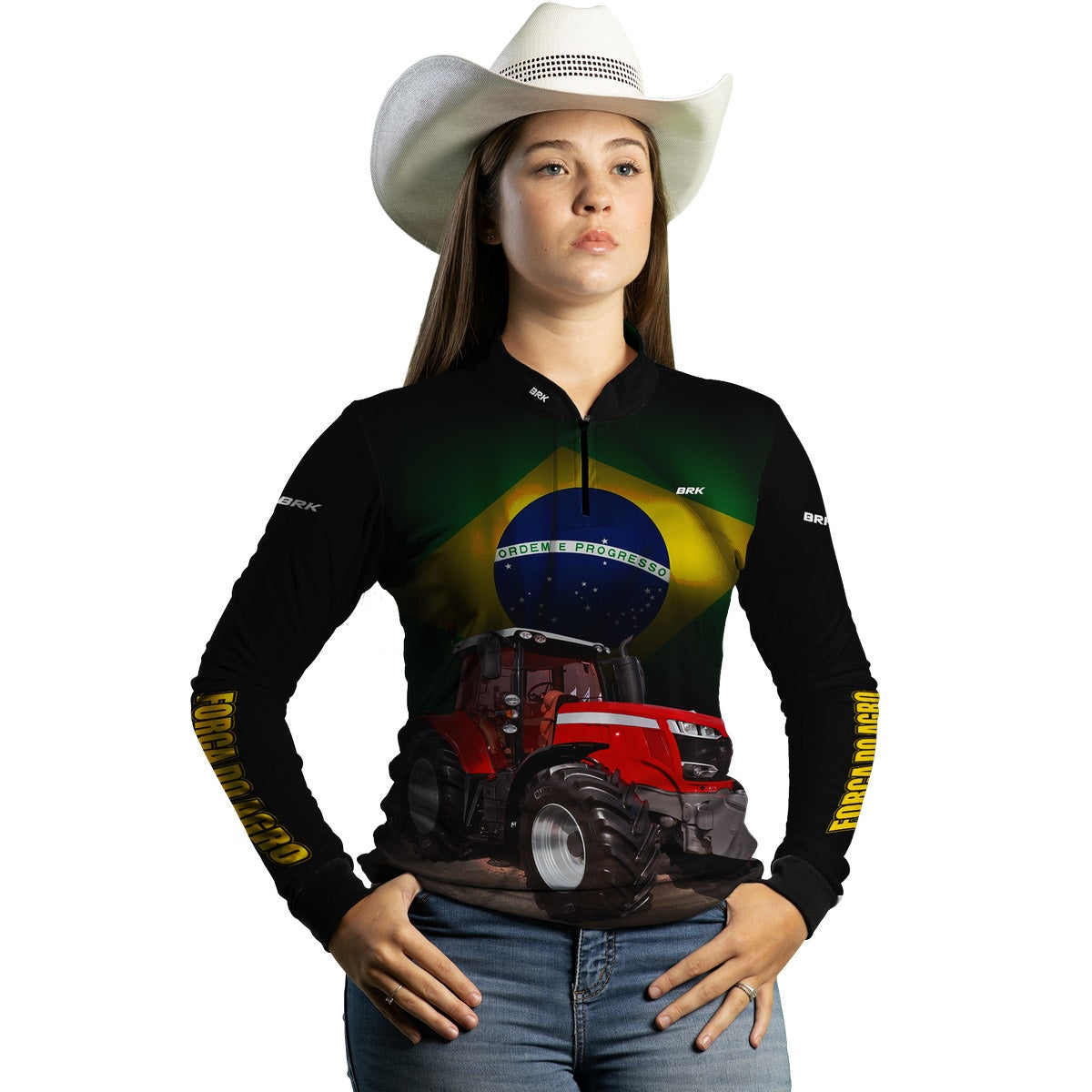 Camisa Feminina Agro Brk Trator Vermelho Bandeira do Brasil com Proteção UV50+ - Brk Agro