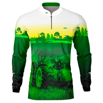 Camisa Branca com Verde Brk Agro John Deere Maquinário com Proteção Solar UV50+ - Brk Agro