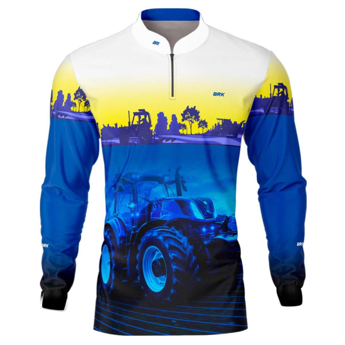 Camisa Branca e Azul Brk Agro New Holland Maquinário com Proteção Solar UV50+ - Brk Agro