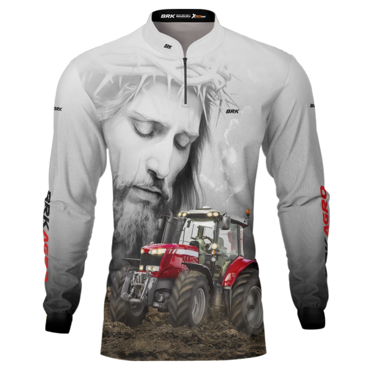 Camisa Agro Brk Branca Jesus Trator Vermelho com Proteção Solar UV50+ - Brk Agro