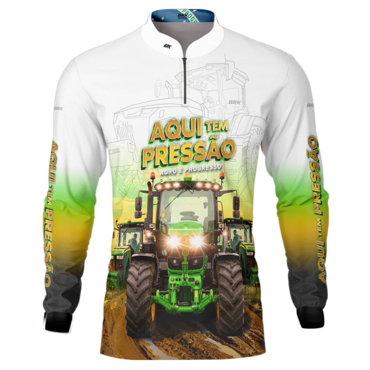 Camisa Agro Brk Trator Aqui Tem Pressão Branca com Proteção Solar UV50+ - Brk Agro