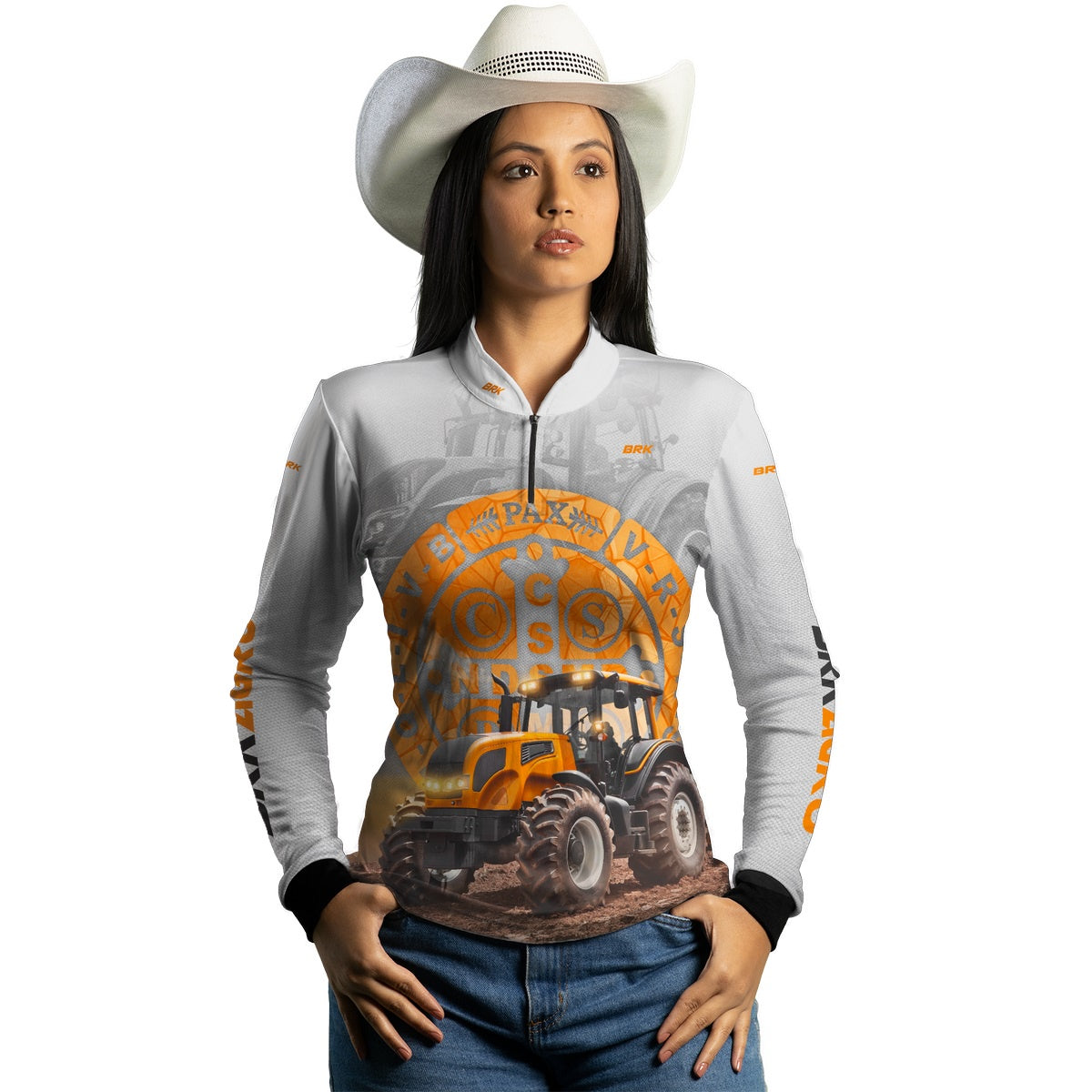 Camisa Agro Brk Trator São Bento Laranja e Branco com Proteção Solar UV50+ - BRK AGRO