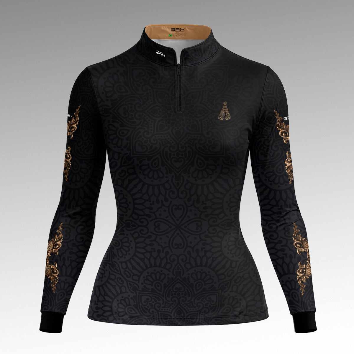 Camisa Feminina Nossa Senhora Aparecida Rogai por Nós Preto Ouro Velho com UV50