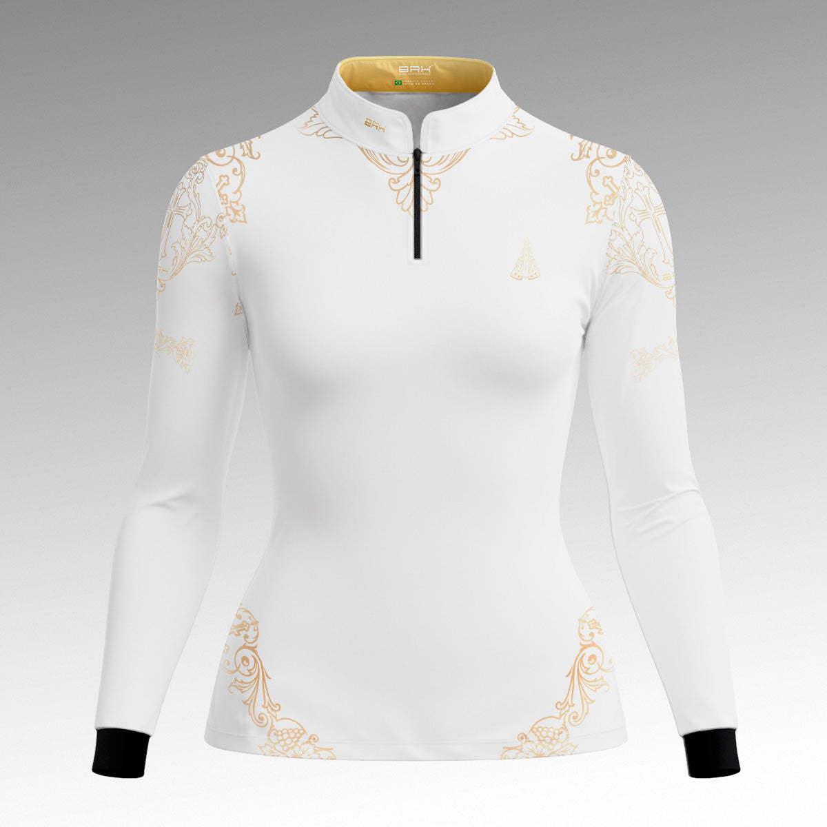 Camisa Feminina Nossa Senhora Aparecida Portuguesa Branco e Dourado com UV50