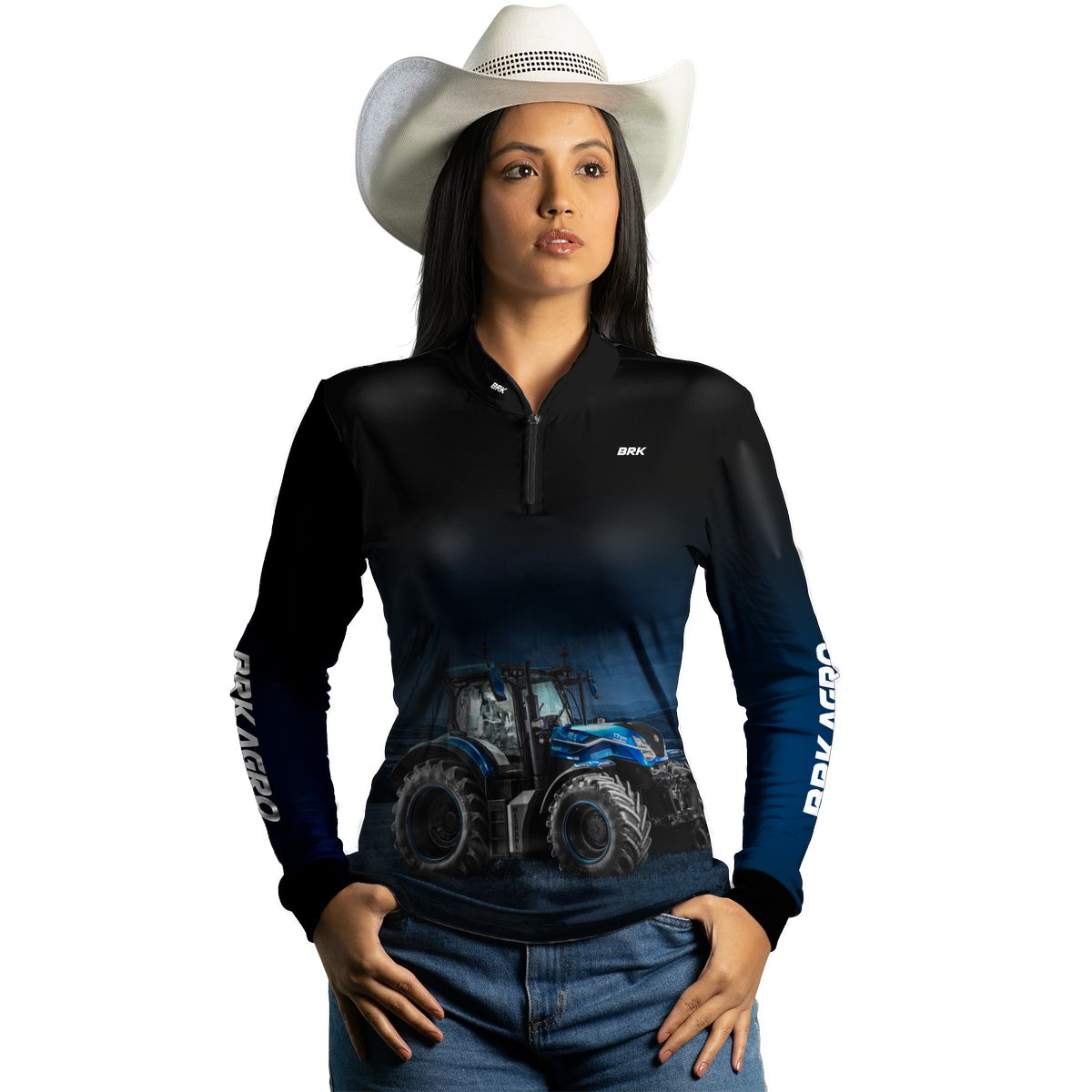 Camisa Agro Feminina Brk Preta Degradê Azul Trator T7 com Proteção Solar UV50+ - Brk Agro