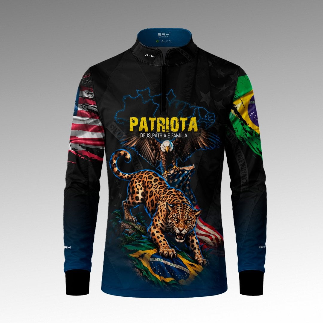 Camisa Brk Patriota Deus Pátria e Família Onça e Águia Brasil e EUA Preta Azul com Proteção UV50+