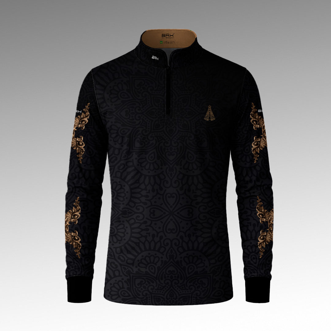 Camisa Brk Nossa Senhora Aparecida Rogai por Nós Preto Ouro Velho com Proteção Solar UV50+