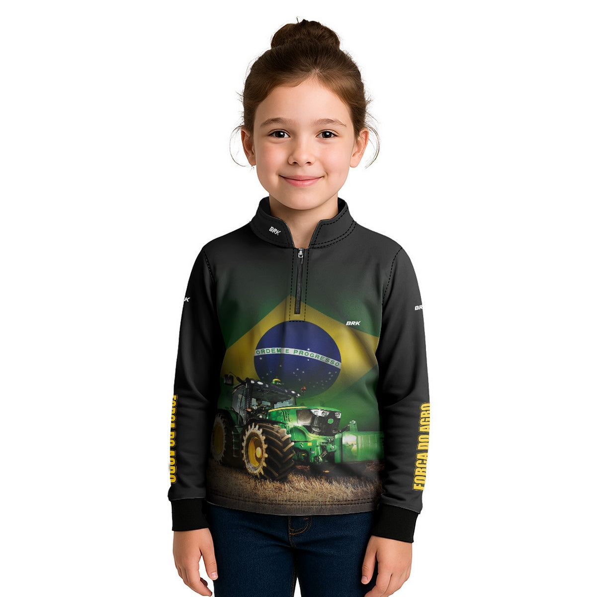 Camisa Infantil Agro Brk Trator Verde Brasil com Proteção Solar UV50+