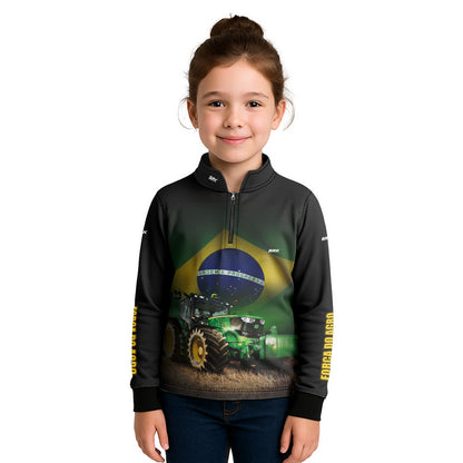 Camisa Infantil Agro Brk Trator Verde Brasil com Proteção Solar UV50+