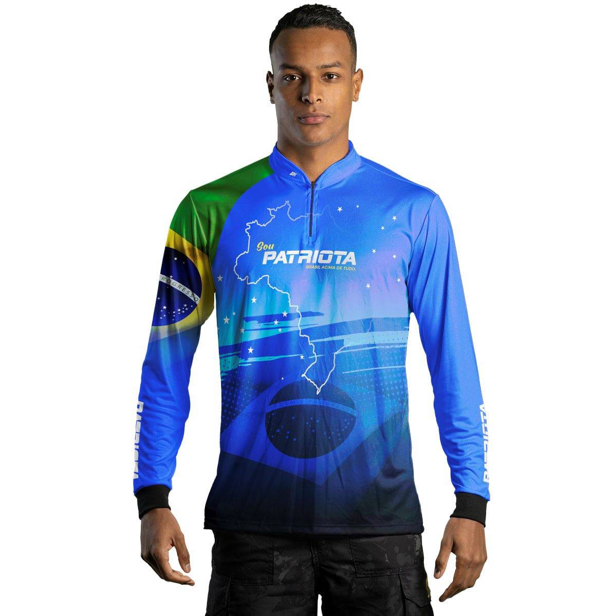 Camisa Agro Brk Básica Patriota Azul Bandeira do Brasil com Proteção UV50+