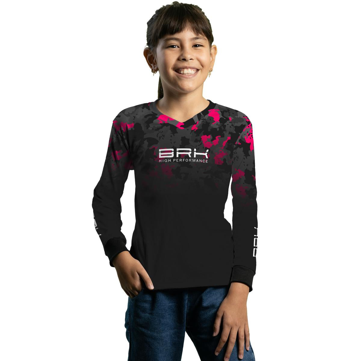 Camisa Agro Feminina Brk Camuflada Preta e Rosa com Proteção Solar UV50+