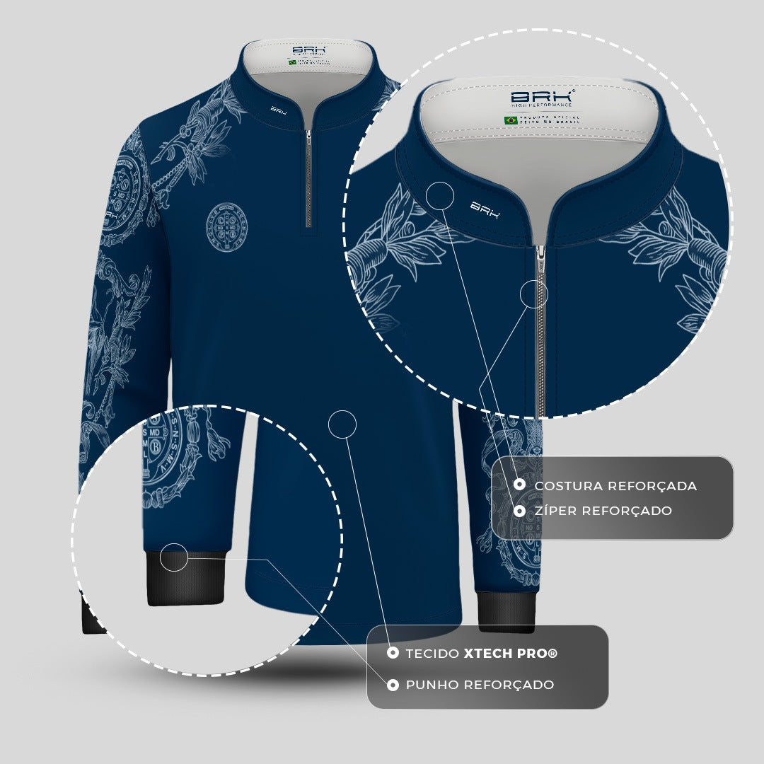 Camisa Agro Infantil Brk São Bento Azul Detalhes em Branco com Proteção UV50+