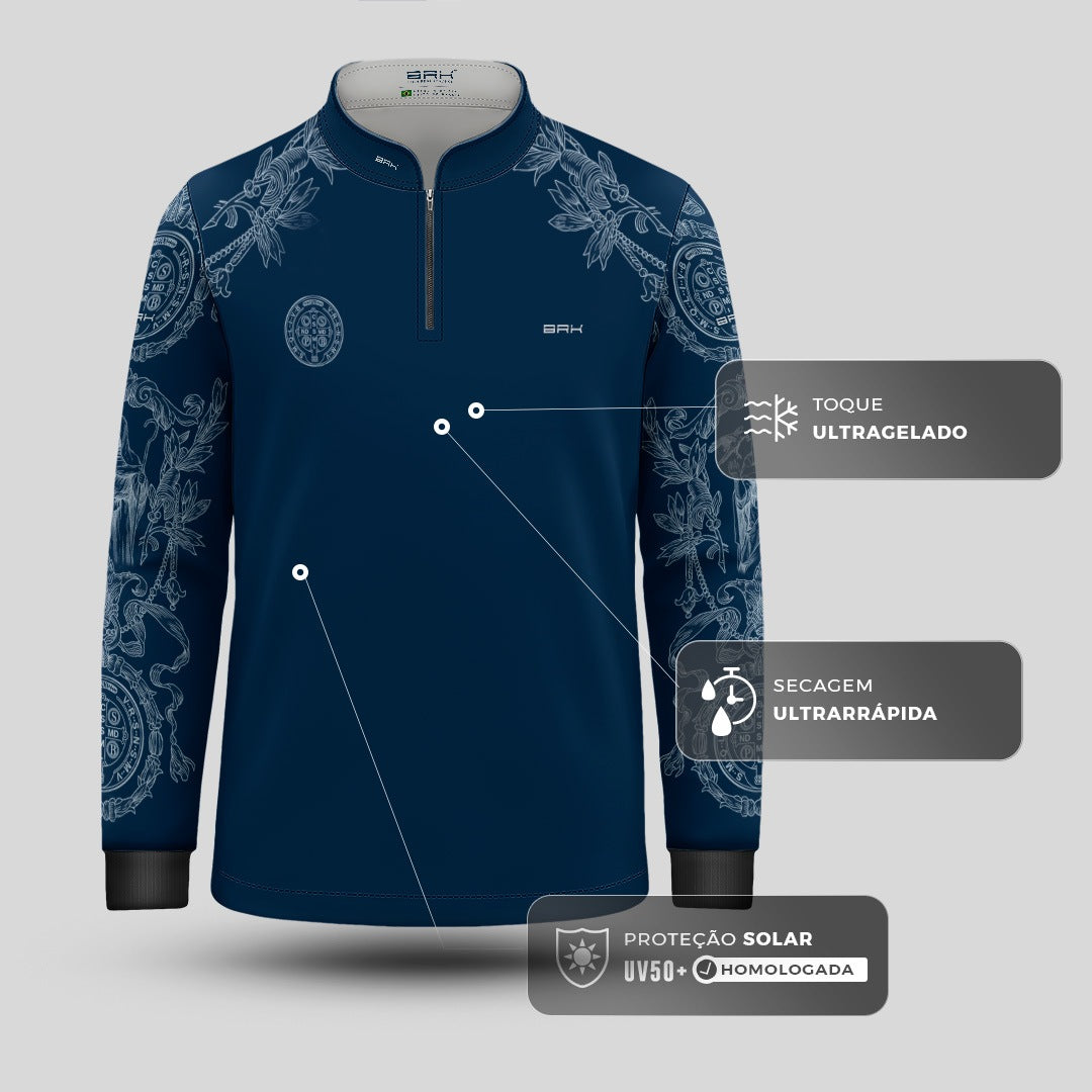 Camisa Agro Infantil Brk São Bento Azul Detalhes em Branco com Proteção UV50+