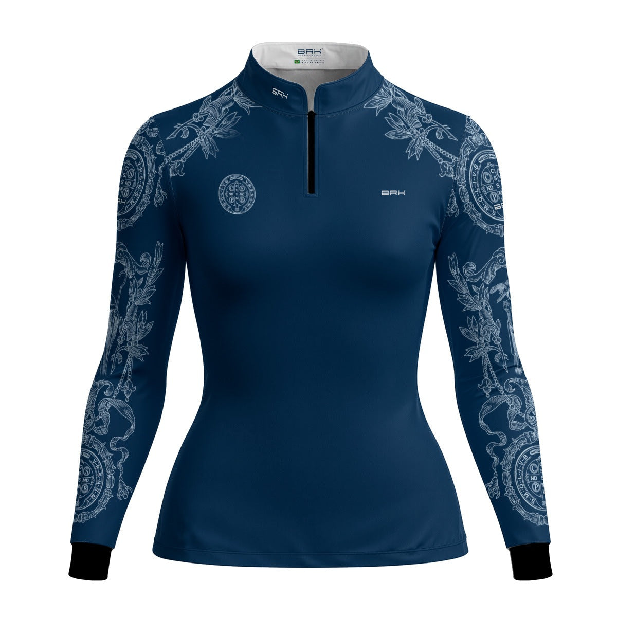 Camisa Agro Feminina Brk São Bento Azul Detalhes em Branco com Proteção UV50+