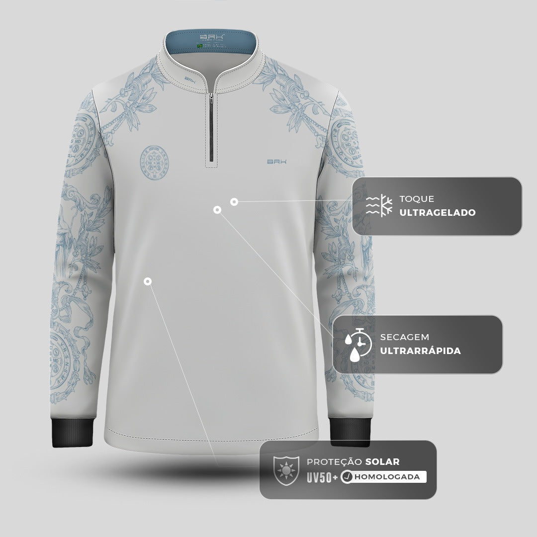 Camisa Agro Infantil Brk São Bento Branco com Detalhes Azul com Proteção UV50+
