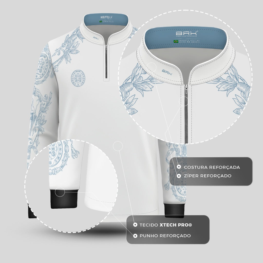 Camisa Agro Infantil Brk São Bento Branco com Detalhes Azul com Proteção UV50+