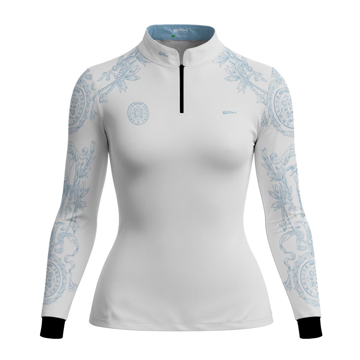 Camisa Agro Feminina Brk São Bento Branco com Detalhes Azuis com Proteção UV50+