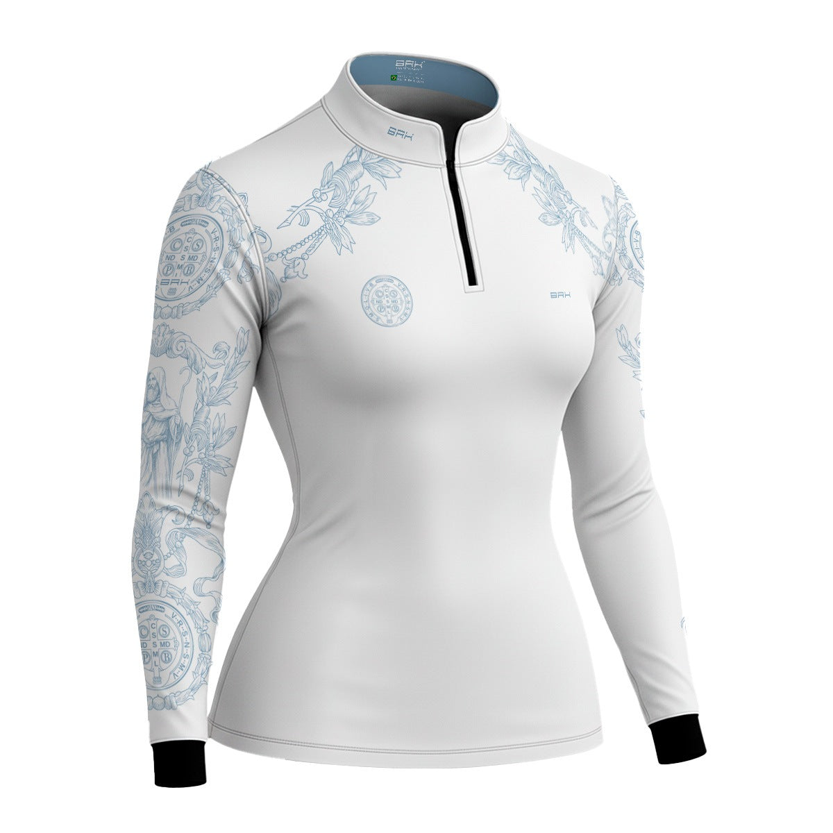 Camisa Agro Feminina Brk São Bento Branco com Detalhes Azuis com Proteção UV50+