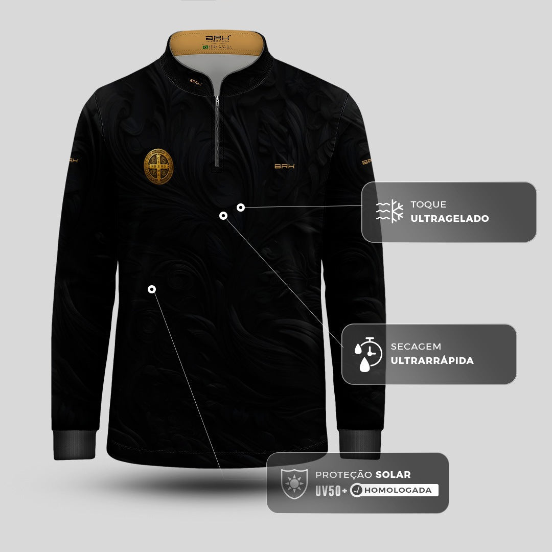 Camisa Agro Infantil Brk São Bento Preta e Dourada com Proteção UV50+