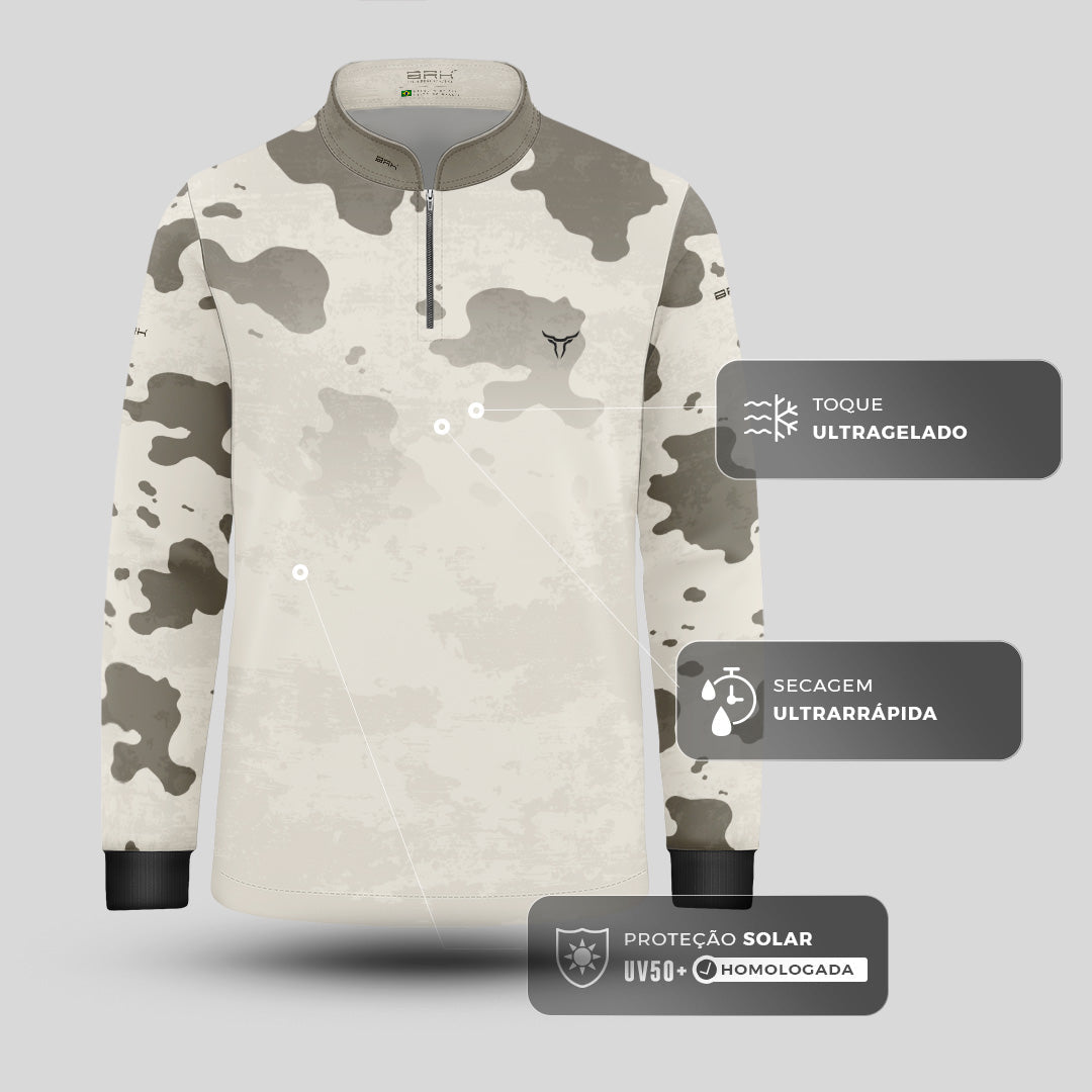 Camisa Agro Infantil Brk Camuflado Cow Print Areia com Proteção Solar UV50+